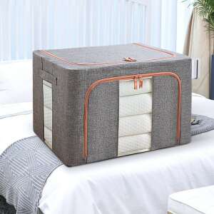 Skladací úložný box Flippy 100L so zipsom, sivá, dve okná, textil, kovový rám, stabilný plastový podstavec, ukladanie oblečenia, ukladanie prikrývok, ukladanie hračiek, organizér - Úložné krabice & košíky