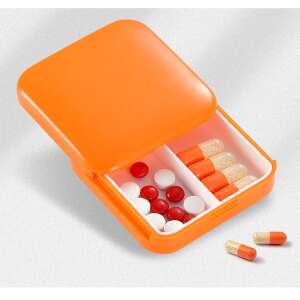Offene orangene Flippy Pillendose mit Pillen, 2 Fächer, ideal für Reisen oder zu Hause - Häusliche Pflege