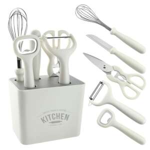 Set 6 ustensile bucatarie KipHome, cu suport inclus, desfacator, curatator legume, foarfeca, cutit, tel, ABS si inox, alb