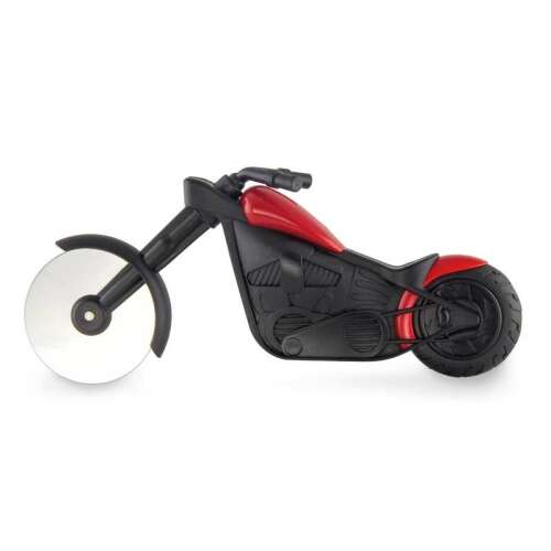 Cutit pizza creativ KipHome, in forma de motocicleta, cu suport pentru cutit, 21.5 x 9.5 cm, otel/PP, negru