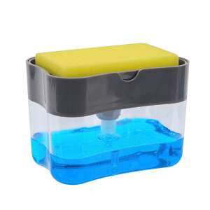 Dispenser 2 în 1 pentru detergent de vase cu suport pentru burete, dispenser Flippy, negru și gri, capacitate 380ml - Distribuitor de săpun