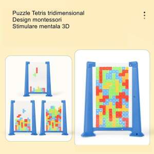Intelligencia játék Tetris kirakós tangram Flippy, 70 db tarka, 3D, montessori, interaktív, műanyag, dobókockával, darabos tárolótáska, 6+, 23 x 19,8 x 5 cm, kék keret