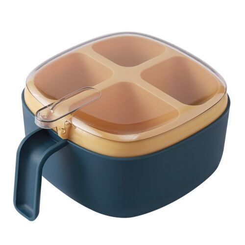 Recipient pentru condimente KipHome, 4 casute, potrivit pentru sare, cimbru, piper, condimente, 4 lingurite din plastic, capac din plastic, maner, 14x14x8 cm, albastru
