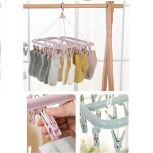 Flippy ruhaszárító 32 csipesszel, rózsaszín, kollázs a termék különböző nézőpontjait és felhasználási módjait mutatja - Ruhaszárító