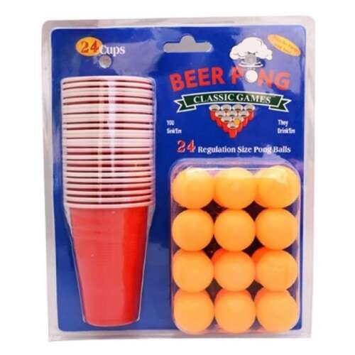 Beer Pong Classic Games szett 24 piros pohárral és 24 narancssárga ping pong labdával