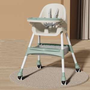 Scaun de masă Flippy pentru bebeluși și copii, verde, cu roți, telescopic, pliabil, masă reglabilă, suport pentru picioare, scaun tapițat cu piele artificială, centură de siguranță, spațiu de depozitare - Scaune de masa bebe