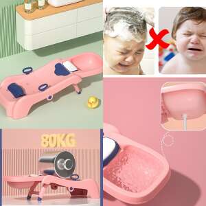 Suport pliabil Flippy pentru spălarea părului copiilor, roz, cu scurgere, picioare antiderapante, tetieră reglabilă, mânere, colaj care prezintă caracteristicile produsului și exemple de utilizare - Flippy