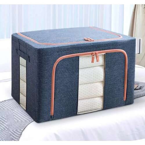 Faltbare Aufbewahrungsbox, Flippy, mit Reißverschluss, 100 L, Textil, 60x42x40 cm, Metallrahmen, stabiler Kunststoff-Bodenträger, Marineblau mit zwei Fenstern