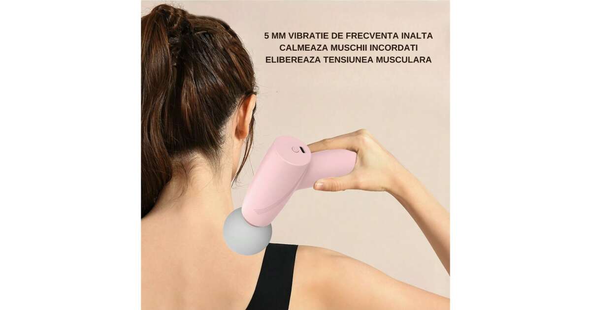 Mini masszírozó, Flippy, pisztoly típusú, USB Type C töltés, hordozható, izomlazításhoz, autonómia 120 perc, 3 sebességfokozat, rózsaszín 110443960