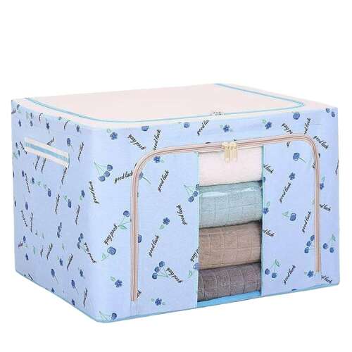 Faltbare Aufbewahrungsbox, Flippy, mit Reißverschluss, 66 L, Textil, 50x40x33 cm, mit 2 Fenstern, Metallrahmen, stabiler Kunststoff-Bodenträger, Kirschen-Print, blau