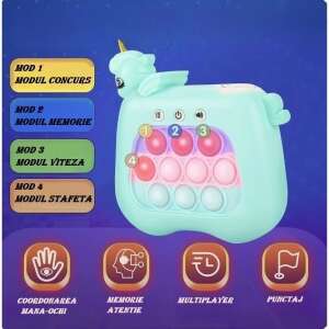 Interaktív konzol típusú játék gyerekeknek, Flippy, 12 szint, különböző játékmódok, ABS/szilikon anyag, szintekkel, hangokkal és fényekkel, 13,5 x 5,5 x 12,5 cm, egyszarvú modell, kék