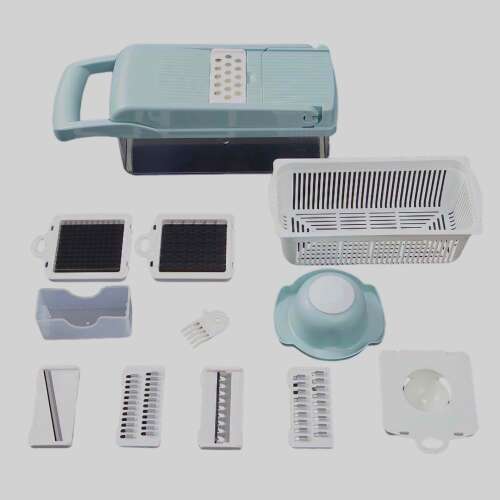 Feliator Multifunctional, KipHome, Razatoare, 8 in 1, pentru Fructe si Legume, 10 Piese, Lame de Inox, Recipient Stocare, Separator Oua, Protectie Mana, ABS, 32.2x11.3 cm, Albastru/Alb