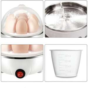 Flipppy Eierkocher Collage: Nahaufnahme des Geräts, Wasser gießen, Eier kochen und Messbecher - Flippy