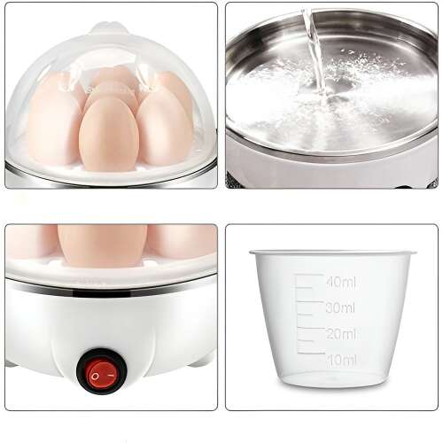 Flipppy Eierkocher Collage: Nahaufnahme des Geräts, Wasser gießen, Eier kochen und Messbecher