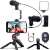 Komponenten des Linomag® professionellen Vlogging-Kits: Stativ, LED-Licht, Mikrofon, Smartphone-Halterung und Bluetooth-Fernbedienung