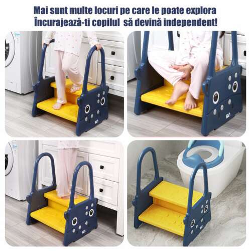 Colaj care prezintă diverse utilizări ale scaunului Linomag® cu două trepte pentru copii