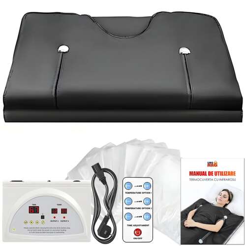 Termocuverta tip Sauna cu Doua Zone Infrarosu, LINOMAG®, 10 Folii Impachetari, Ardere Grăsimi, Relaxare, Detoxifiere, 35°C-80°C, Negru, 180x80cm