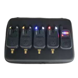 Set 4+1 senzori pescuit, FishEdge, avertizare sonora si luminoasa, 4 culori, wireless, raza de transmisie 150 metri, reglaj volum, sensibilitate, ton, mufa jack, valigeta pentru transport 110480325 - Sport și agrement
