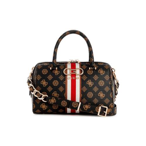 Guess Nelka Box Satchel Mocha Handtasche, braun mit goldfarbener Hardware und rot-weiß gestreiften Details