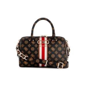 Torebka Guess Nelka Box Satchel Mocha, brązowa ze złotymi okuciami i detalami w czerwono-białe paski - Guess