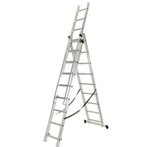 Scară multifuncțională din aluminiu ROTOR KME309 3x9 - 9 trepte, 3 secțiuni, înălțime maximă 243 cm, capacitate de încărcare 150 kg - Scară și suport