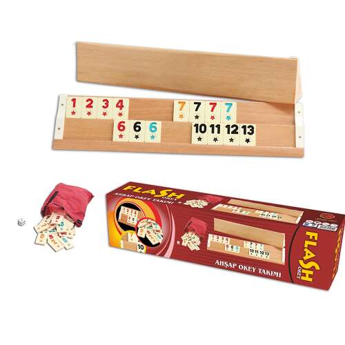 Flash Okey Fa Játékkészlet: Klasszikus Rummikub stílusú játék 106 kővel, 4 fa tartóval és dobókockával. Tökéletes családi játékéjszakákra!