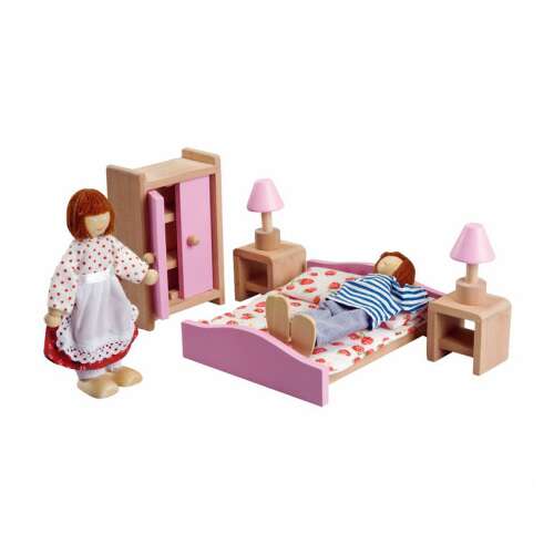 Hálószoba Fa bababútor készlet babaházhoz, fa babaház hálószoba bútor szett ággyal, szekrénnyel, éjjeliszekrényekkel és babákkal