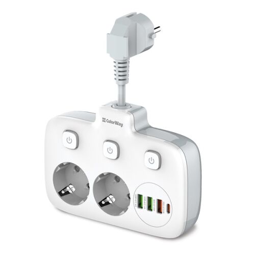 ColorWay CW-CHE24PDW Power Strip with 2 Outlets, 3 USB-A, and 1 USB-C Port