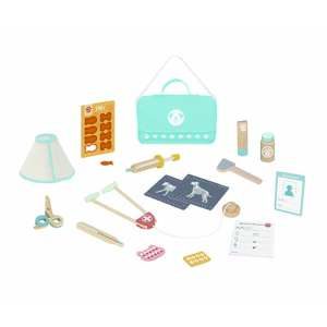 Fából készült állatorvosi készlet gyerekeknek, szimulált állatorvosi készlet sztetoszkóppal, hőmérővel, fecskendővel, röntgenfelvételekkel, kötszerekkel és egyebekkel - Orvosos játék