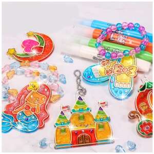 Medál készítő szett gyerekeknek 6 féle színes festékkel, sablonokkal, láncokkal, gyöngyökkel - kreatív hercegnős ékszer készítő (BBJ)