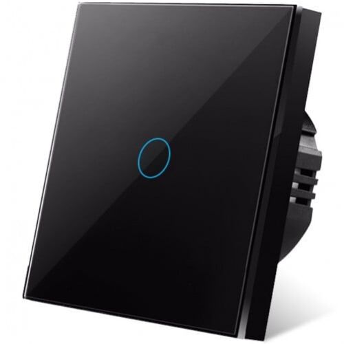 Schräge Ansicht des iUni 1F schwarzen Touch-Lichtschalters mit LED