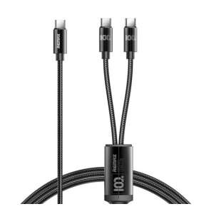 Remax Kerolla Series 2 az 1-ben 100W Type-C dupla gyorstöltő kábel (1,2m) - RC-092t: Közeli kép a dupla Type-C csatlakozóról és a fonott kábelről. - USB kábel