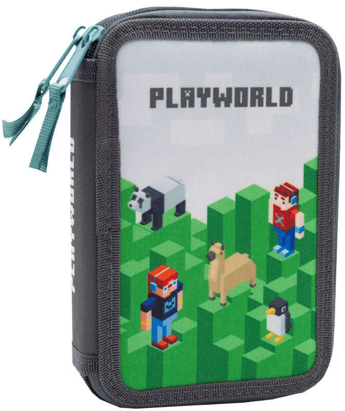 Minecraft mintás tolltartó 2 emeletes, üres, playworld, zöld-szürke