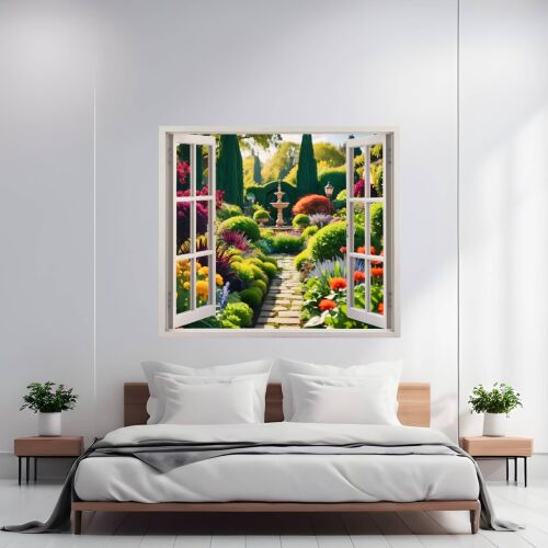 Színes nyomott fólia VIEW TO HAVEN 12, 125x110cm, faldekorációs matrica kertre néző kilátással