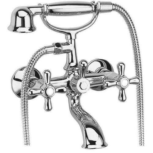 Retro kétkaros kádtöltő fali csaptelep zuhanyszettel, Króm