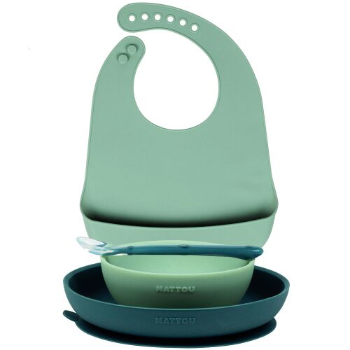 Nattou 4-piece silicone baby feeding set with bib, green