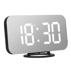Digital alarm clock with mirror surface, white LED display, black frame - Sumker