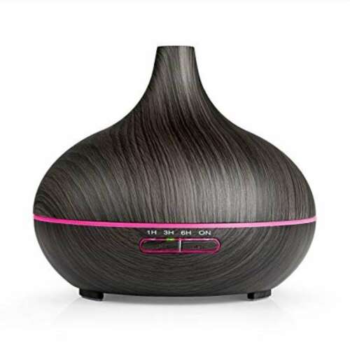 Dark wood effect ultrasonic aroma diffuser with 7 color LED light, timer, and remote control