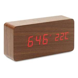Дървен цифров часовник с червен LED дисплей, показващ часа и температурата - Будилник