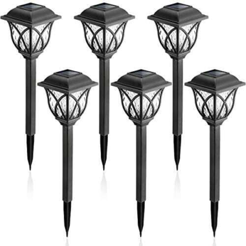 Set of 6 black solar powered LED path lights with clear glass panels, 6db Napelemes Leszúrható Solar Lámpa Szett  Nl-202