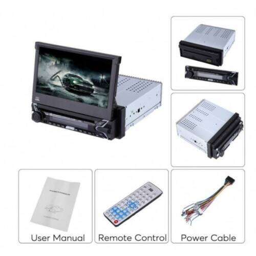 Car stereo with a 7 inch touchscreen display, Bluetooth, GPS, and SD card slot, remote control, user manual, and power cable