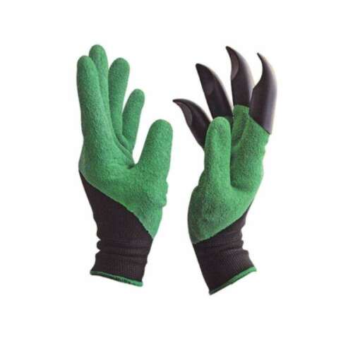 Pair of green gardening gloves with black claws for digging and planting