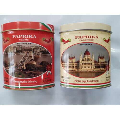 Paprika, csípős és édes, Budapest, Magyarország, 70g, ovális fémdoboz