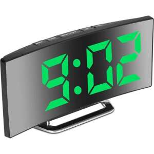 Digital alarm clock with curved mirror display and green LED, showing time - Sumker