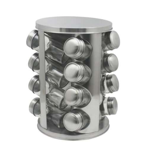 Въртяща се стойка за подправки от неръждаема стомана с 16 стъклени буркана
