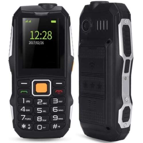 Hardphone GSM mobile phone with dual SIM card slots, black color, front and back view