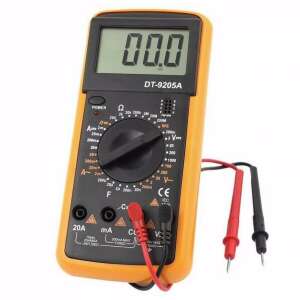 DT-9205A Digital Multimeter, yellow, with probes, for measuring voltage, current, resistance, capacitance, diodes, transistors, continuity - Construction & Renovation