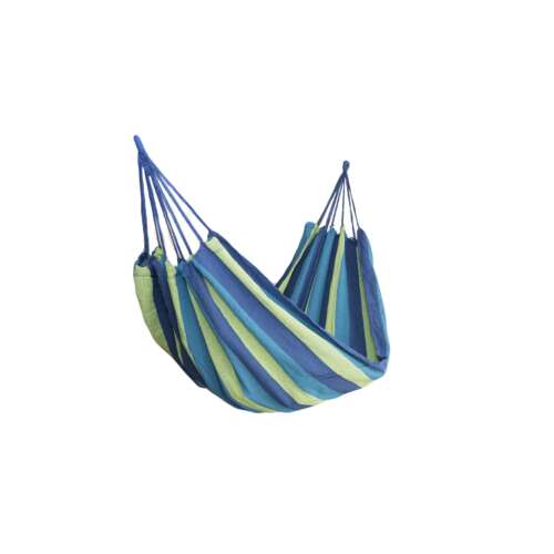 Modrý a zelený pruhovaný hammock pre dve osoby, ideálny na relaxáciu v záhrade alebo na terase
