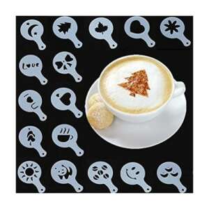 Sada 16 šablón na kávu, cappuccino a latte art, vrátane srdca, hviezdy, stromu, šálky kávy, slnka, mesiaca, pandy, kávových zŕn, úsmevu, lásky, mašle, milujem ťa, listu a mnoho ďalších - Šablóny na zdobenie kávy