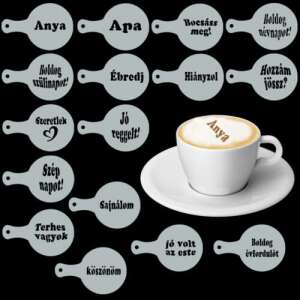 16 piece set of coffee stencils with various messages in Hungarian, perfect for decorating cappuccinos and coffees - Coffee Stencil